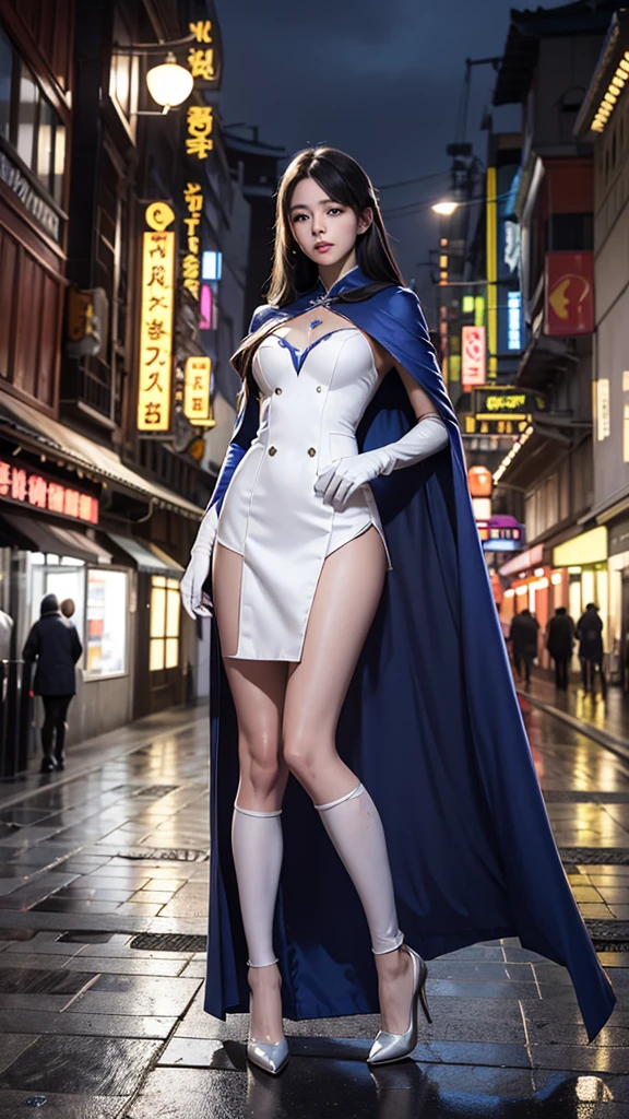 South korea asssassin's creed walk women mystery hooded on with modern royal Blue coat with long and wide sleeves with buttons and royal Blue cape and very high white heel over the knee and white gloves, As she reveals a small secret hidden blade coming from his palm , adding to the characters mysterious, with small movements of air on the cape, in summer at night under the rain, with buildings featuring curved eaves and detailed architecture. sophisticated and highly detailed, ultra hd, realistic, hyper detailed, enhanced colours, ultra sharp focus, with vibrant, rich in details High quality, gorgeous, captivating, 8k, super detailed, stunning shadows, detailed lines, blood stain on coat and gloves, corpses in the street recently murdered