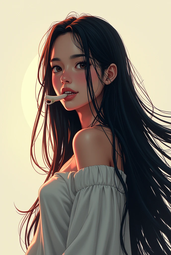 A young woman , 独奏, longye hair, very long hair, tusk, ass pov, Lens flare, minimalism, Decoration art, high resolution, Masterpiece artwork, precise, Teeth fangs, slightly-smile, simple background, Chromatic aberration, Lines of action, minimalism, illustration,