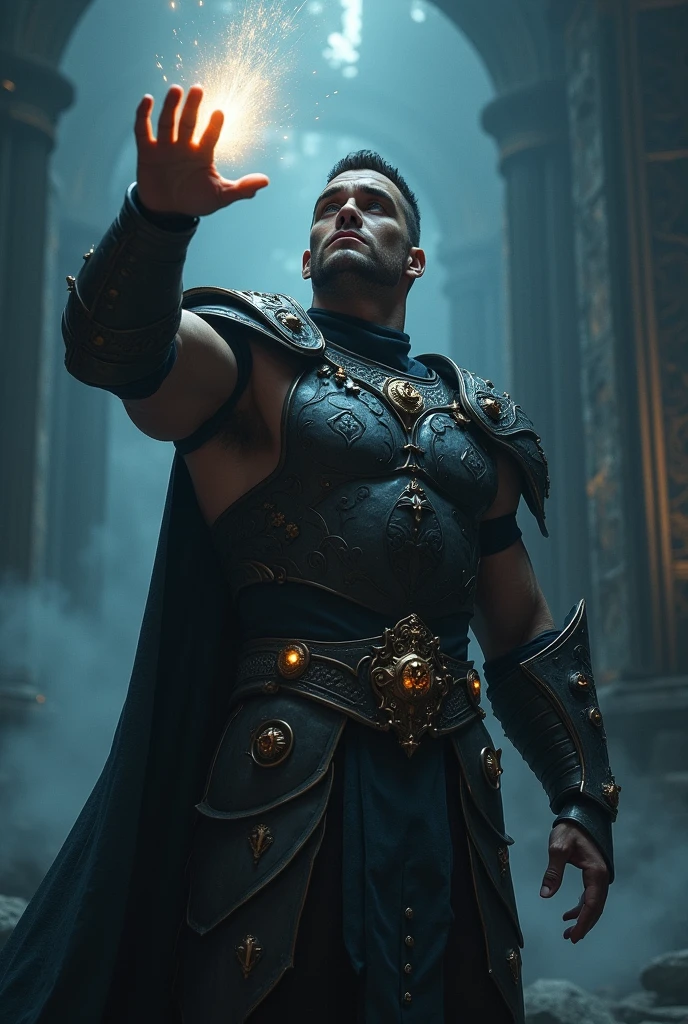 Muscular hero in dark armor reaches out towards the glowing amulet. The hero’s face is illuminated by the soft, mystical light of the amulet. Keep the lighting and mood consistent with the previous scene.