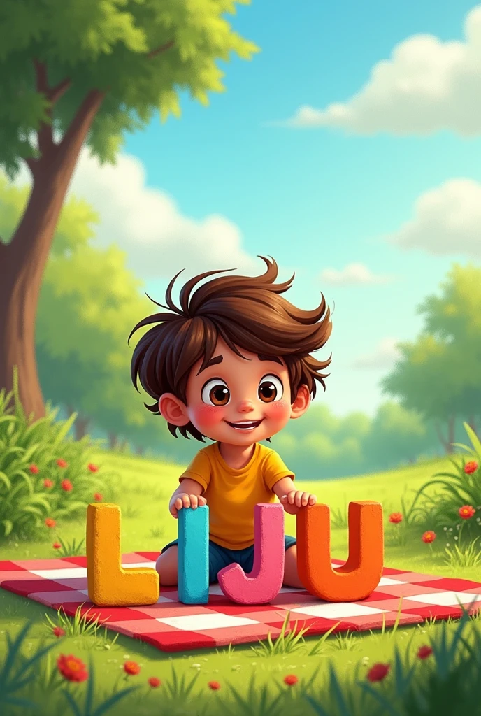 Boy with long hair that reaches below his shoulders, wavy brown hair, big brown eyes, round face, honey skin, playing with the letters LIJU in a park, the animation looks like it was created with colors and pencil