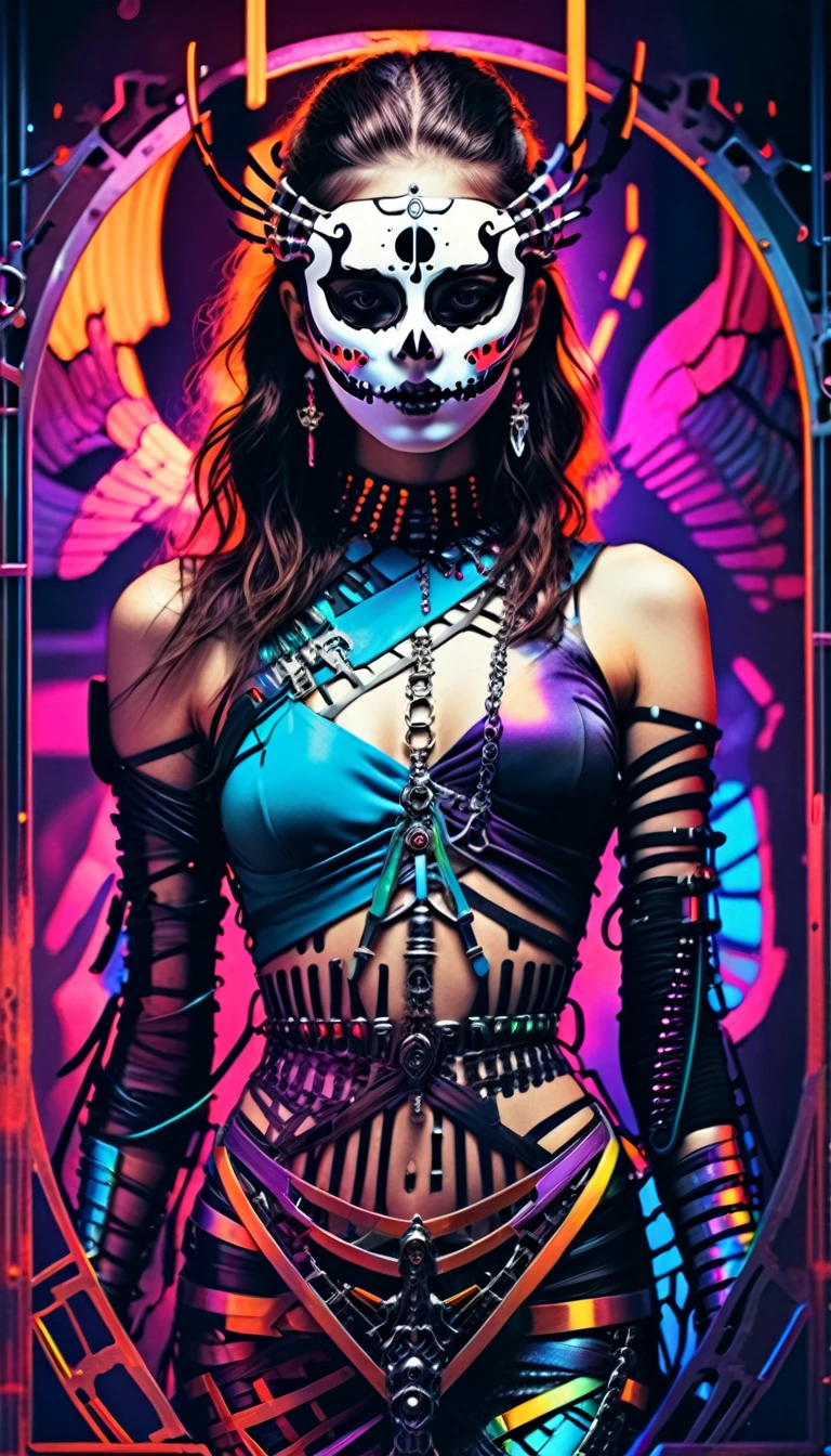 tarot card, chiaroscuro technique on sensual illustration of an queen of sword, a teenage fashion model wearing an exo-skeleton mask, vibrant colors, futuristic cyberpunk style, intricate details, cinematic lighting, dramatic pose,