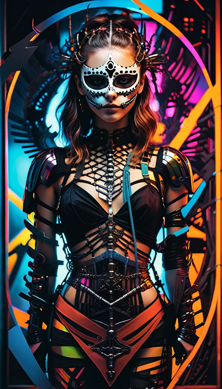 tarot card, chiaroscuro technique on sensual illustration of an queen of sword, a age fashion model wearing an exo-skeleton mask, vibrant colors, futuristic cyberpunk style, intricate details, cinematic lighting, dramatic pose,
