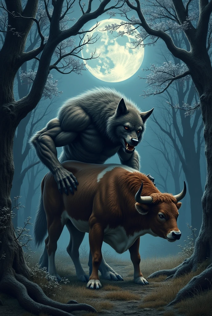 Draw a bovine being devoured by a buff werewolf