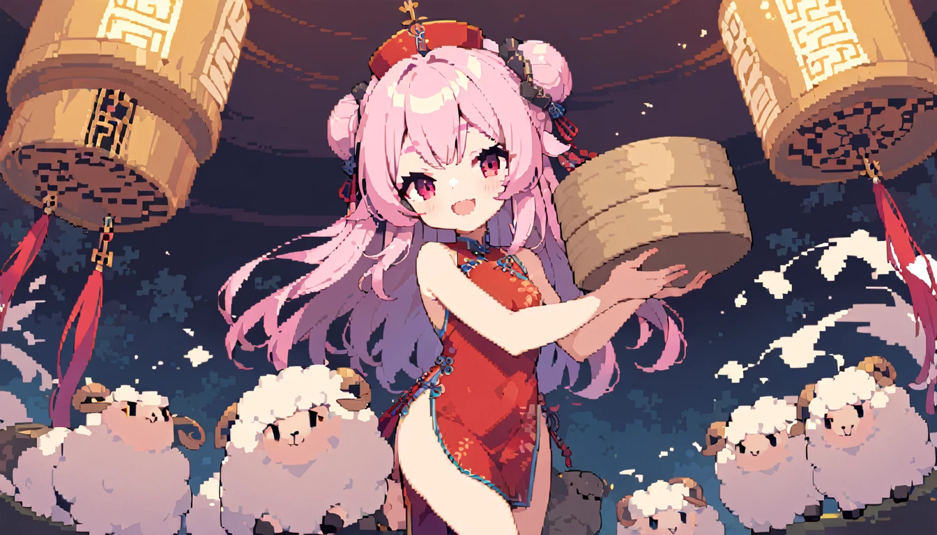 masterpiece, Highest quality, 8k, Pixel art, Pixel art, Vivid, ((1girl)), young woman, smile, cute, Turning at an angle, Open your mouth, Fluffy hair, Long Hair, Hair like sheep's hair, Pink Hair, eyebrow, 太いeyebrow, China dress, Chignon Cap, (Highest quality:1.0), (China Hotel), Holding a bamboo steamer in both hands, A sheep is riding, Circular red rotating table