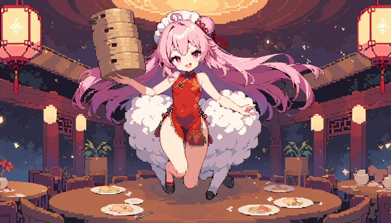 masterpiece, Highest quality, 8k, Pixel art, Pixel art, Vivid, ((1girl)), young woman, smile, cute, Turning at an angle, Open your mouth, Fluffy hair, Long Hair, Hair like sheep's hair, Pink Hair, eyebrow, 太いeyebrow, China dress, Chignon Cap, (Highest quality:1.0), (China Hotel), Holding a bamboo steamer in both hands, A sheep is riding, Circular red rotating table