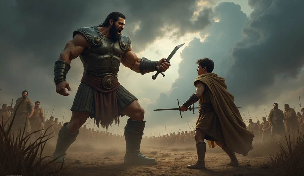 war between Israel and the Philistines, nos tempos biblicos, with dark clouds, and tension, Goliath warrior 3 meters tall, dear good, with his sword forward, in attack position, I want face, yelling, Davi, 20 years old, looking at Goliath, com uma funda na mão in attack position, with a bag on his back, holding a stone for the slingshot