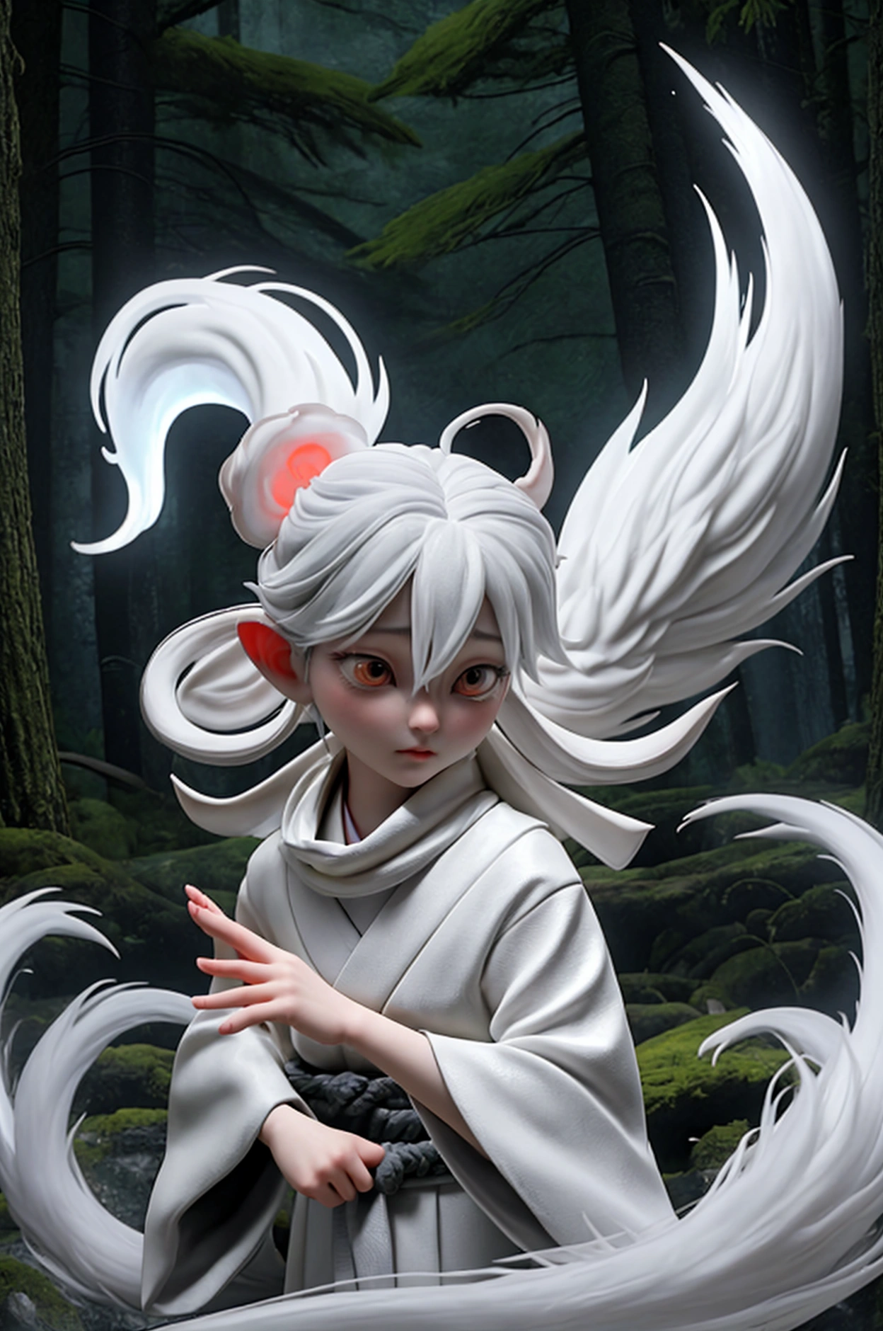 
Create a 3D character named Akira, an ethereal kitsune (fox spirit) with the following features: 1. **Appearance**: Akira has luminous white fur with a subtle, otherworldly glow. His eyes are deep blue with a captivating, slightly eerie shine. His body is medium-sized, agile, and elegant, giving a ghostly impression of floating above the ground. 2. **Clothing**: Akira wears a stylized traditional Japanese outfit with leaf and cloud motifs. The attire should look ancient yet refined, with a flowing scarf that blends seamlessly with shadows. 3. **Expression**: His face should exhibit a blend of wisdom and subtle unease, conveying a sense of ancient mystery and intrigue. 4. **Movement**: Animate Akira with smooth, graceful movements that enhance his spectral nature. His motions should appear fluid and hypnotic, adding to his enigmatic aura. 5. **Lighting and Background**: Use soft, diffuse lighting to create a mystical ambiance. The background should depict a dark, misty forest reminiscent of Aokigahara, with shifting shadows and faint, ghostly lights to enhance the atmosphere of suspense and unease. 6. **Voice and Sound Effects**: Though not necessary for the visual, consider a soft, melodious, and haunting vocal quality if including audio. Add subtle sound effects like whispering winds and forest noises to enhance the overall eerie effect.