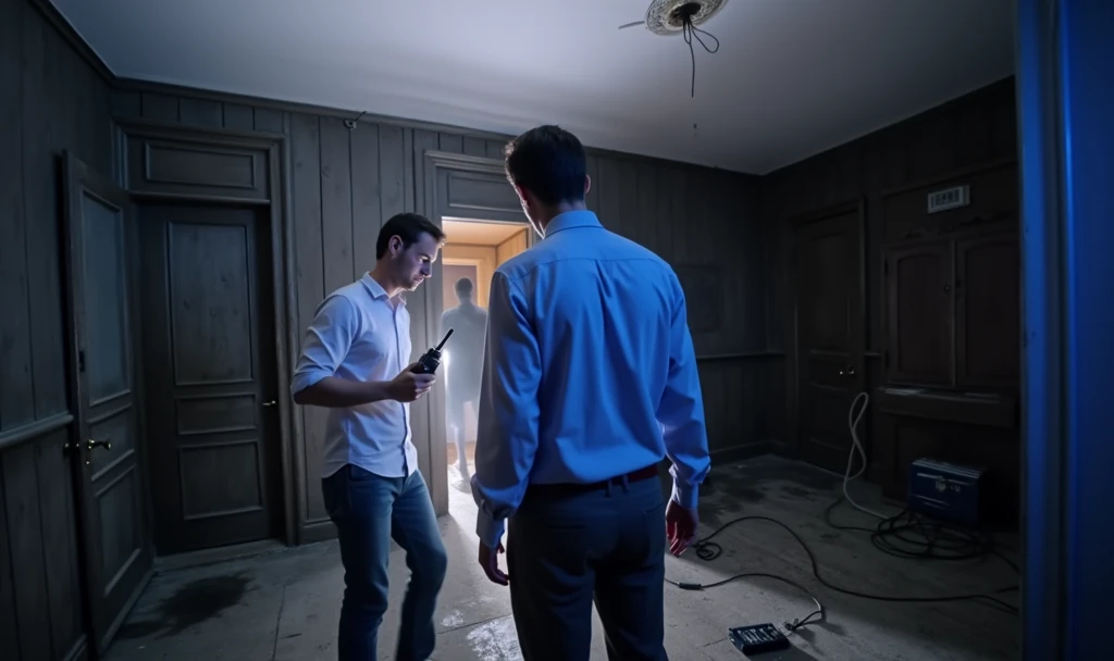 (3 Men:1, no light, no lamps, Moonlight from the window, Dark room:1), various positions in the room, one at the back by the door, in the middle a man with a walkie talkie, Flashlight in hand, Flashlight illuminates the room, Ghost Hunt, (evil spirit in the background:1.4, ghost to recognize in the photo:1.5), (design from the game Phasmophobia, items from the game Phasmophobia), old wooden house, Photo taken from a digital camera, amateur photo, blue filter due to poor camera quality, realistic image