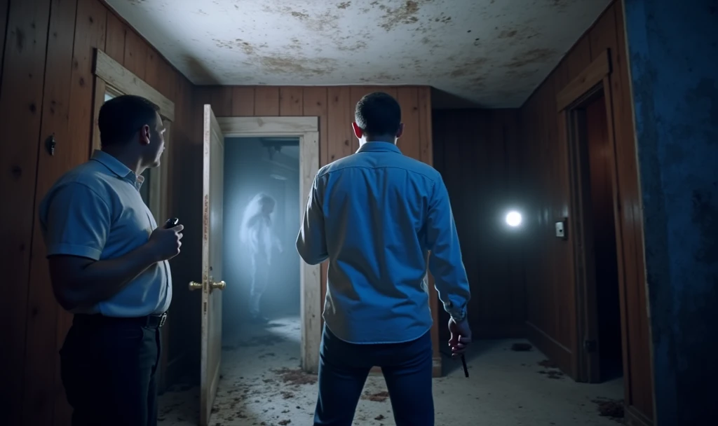 (3 Men:1, no light, no lamps, Moonlight from the window, Dark room:1), various positions in the room, one at the back by the door, in the middle a man with a walkie talkie, Flashlight in hand, Flashlight illuminates the room, Ghost Hunt, (evil spirit in the background:1.4, ghost to recognize in the photo:1.5), (design from the game Phasmophobia, items from the game Phasmophobia), old wooden house, Photo taken from a digital camera, amateur photo, blue filter due to poor camera quality, realistic image