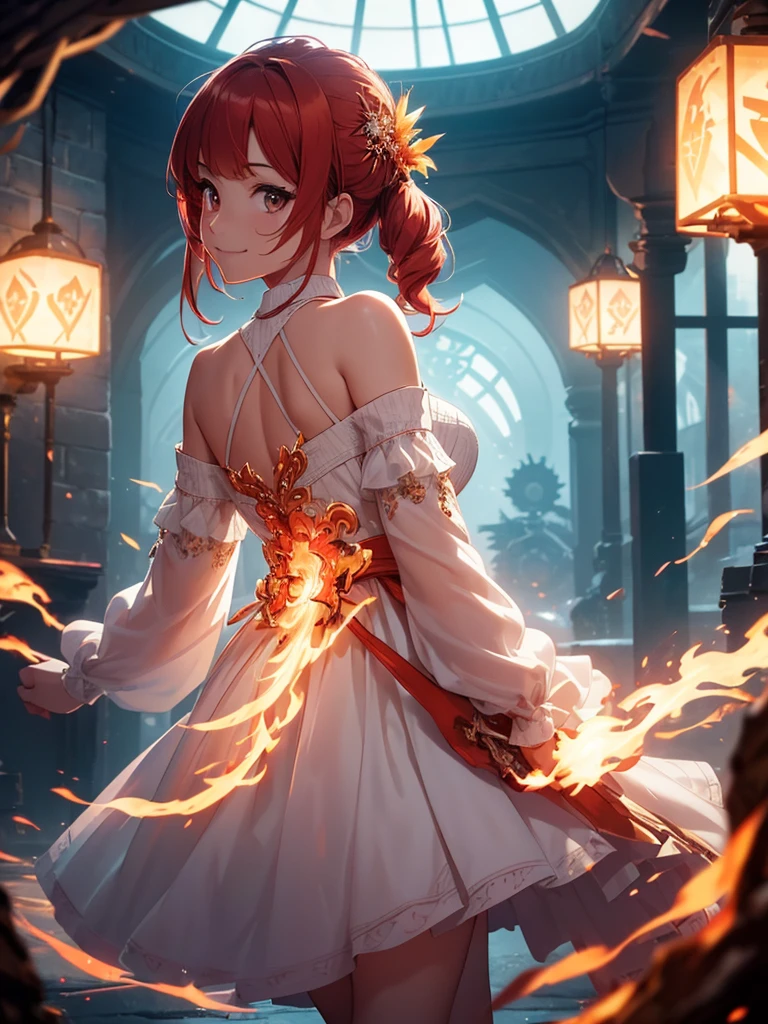 (((best quality, sharp image, clear image, cinematic lighting, 8k resolution, masterpiece, ultra detailed, intricate))) Girl, (((looking over left shoulder))), (shot from behind), ((shot from hip up)), fiery red hair, pigtails, ((white dress)), ((flaming sigils, flaming runes)), spiky rock formations, (flaming lotus flowers frame), (intricate background), ((Phoenix)), (swirling flames), smiling