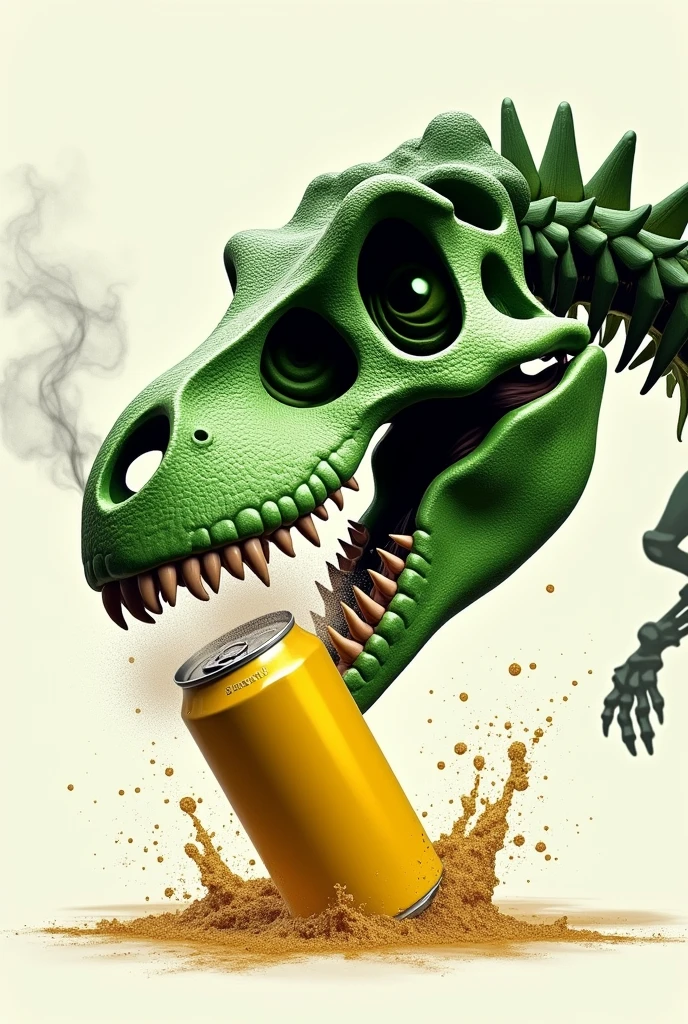 green t-rex skull, crunching a can of yellow beer, foam and splashes of beer flowing from the can, small sign of smoke coming out of the nostrils, angry eyes and frowning eyebrows