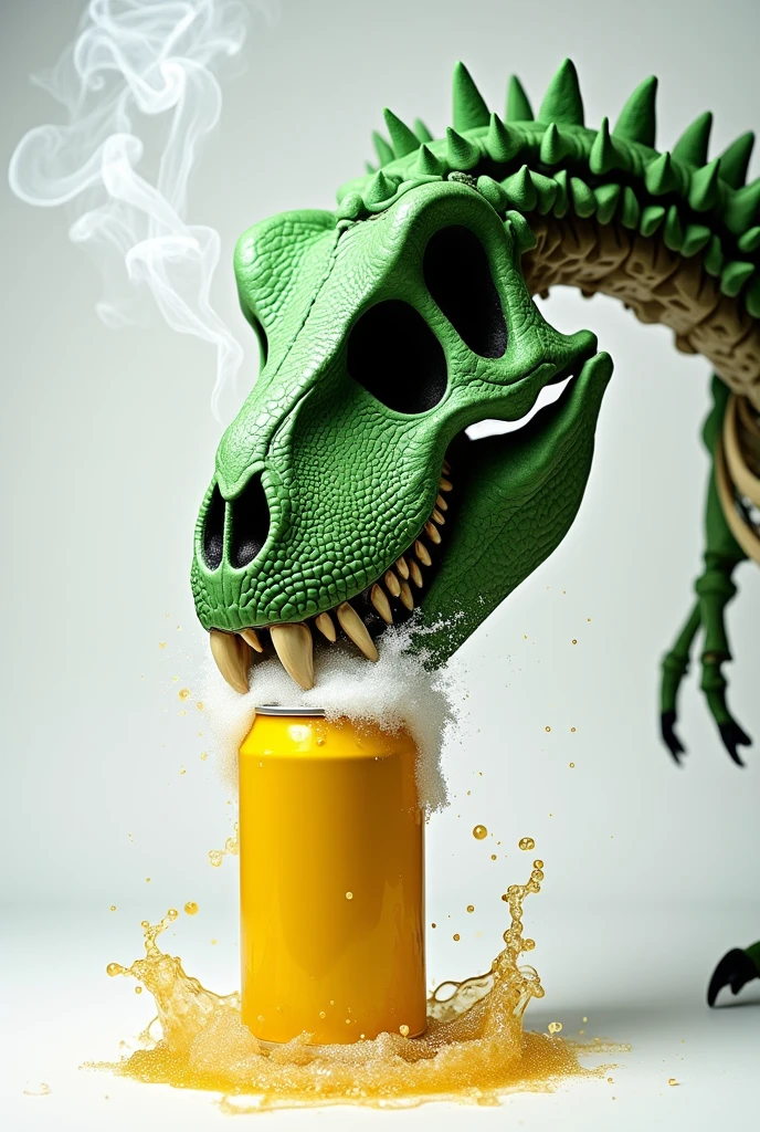 green t-rex skull, crunching a can of yellow beer, foam and splashes of beer flowing from the can, small sign of smoke coming out of the nostrils, angry eyes and frowning eyebrows