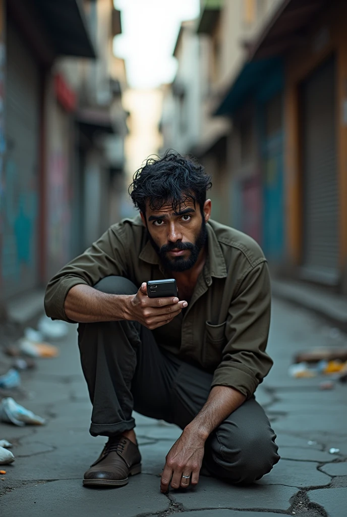 A poor man begging for food with a cell phone in his right hand, looking at the camera and crying desperately.