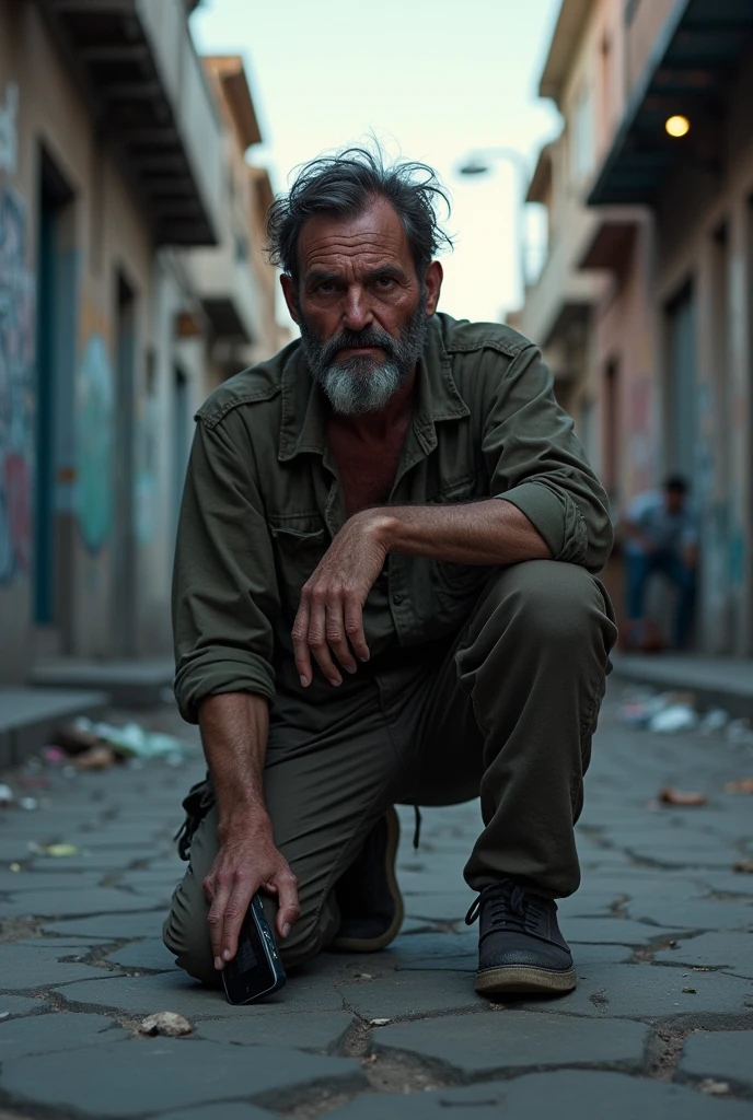 A poor man begging for food with a cell phone in his right hand, looking at the camera and crying desperately.