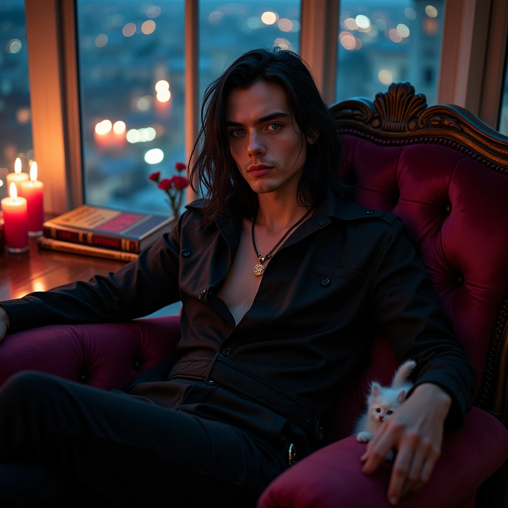 Male, sexy, long black hair, teal blue eyes, young, gothic, delicate features, no facial hair, no body hair, seductive, white and pale. sitting in a chair on a candle-lit veranda overlooking a Russian city at night. Roses. Sexy pose. Purple and black. Sexy. Sexy pose. Seductive. Sensual. Long eyelashes. Big bulge in his pants. No facial hair. Pretty face. Thick legs. Sexy pose. Fyodor Dostoevsky books on the table. Man. Male. Cute kitten on his lap. Smirking. No body or facial hair. Young male.