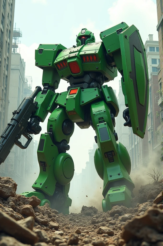 Green Gipsy danger from Pacific rim with Shield behind back and Chain Sword on Right hand and plasma Cannons Arm on left hand, stand in Damage city cost by Kaiju