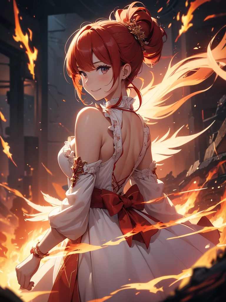 (((best quality, sharp image, clear image, cinematic lighting, 8k resolution, masterpiece, ultra detailed, intricate))) Girl, (((looking over left shoulder))), (shot from behind), ((shot from hip up)), fiery red hair, pigtails, ((white dress)), ((flaming sigils, flaming runes)), spiky rock formations, (flaming lotus flowers frame), (intricate background), ((Phoenix)), (swirling flames), smiling