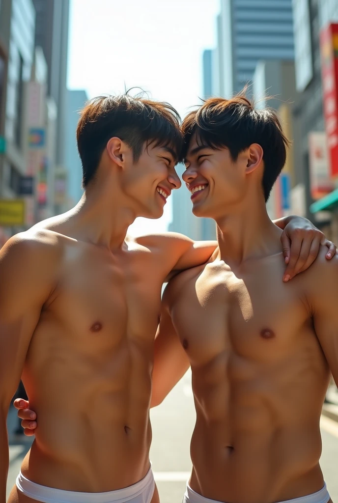 Realistic, highly detailed, Two boys, cute, korean, embrace, strong, Husky, bangs, muscle, sexy, white thong underwear, abs, topless, city