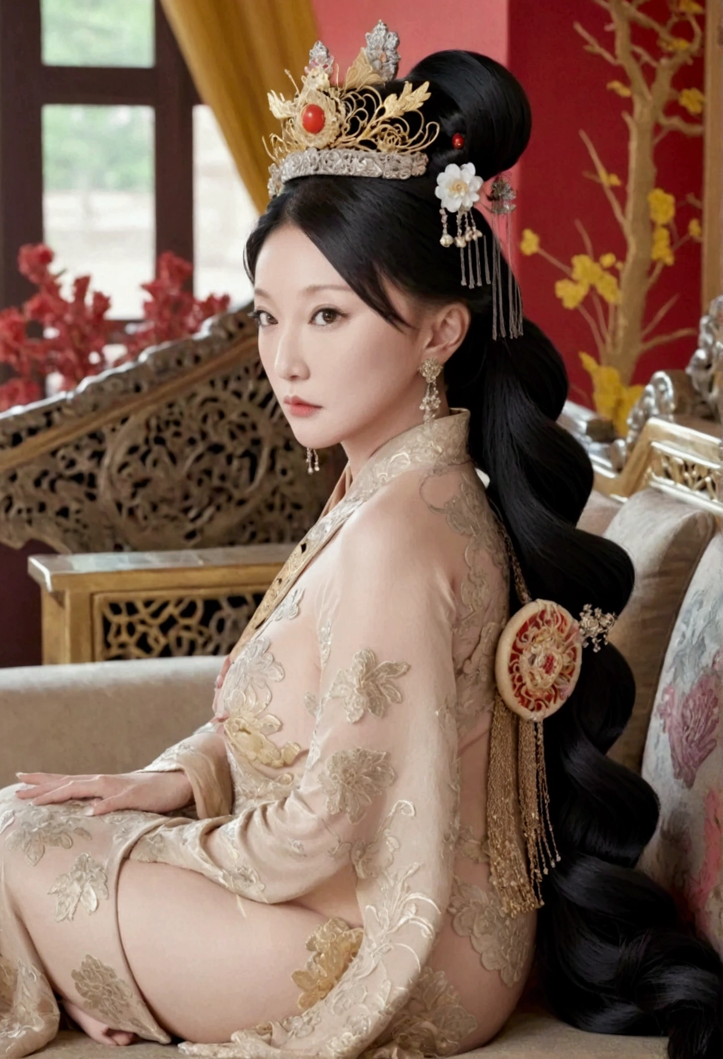 A lavish Empress of China's Qing Dynasty, sitting on a large golden sofa, Wearing a crown, completely ?????., she is facing away, showcasing her large ????? and massive rear., I see her face.(???? Pose) Tie your hair on both sides、Beautiful Chinese empress wearing a crown、Background of kinky and erotic woman tying her hair、The story is set in the opulent rooms of the empress's palace in China during the Qing Dynasty.。.。