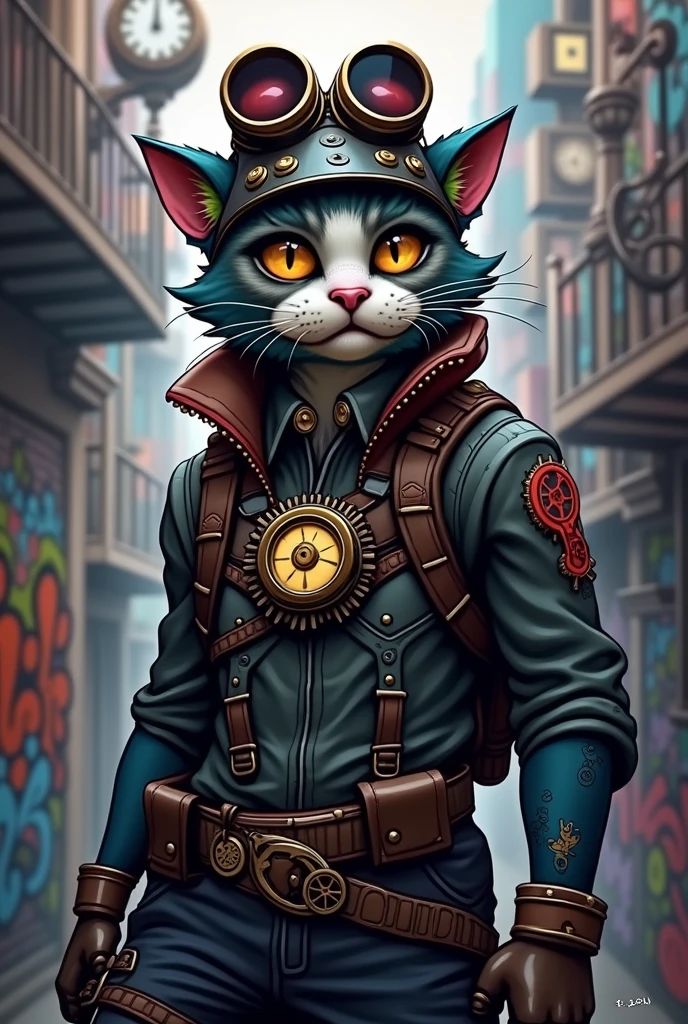Fantz cartoon (creature:0.6)|(cat:0.5) design, ultra detailed, random colors, steampunk, and punk costume,