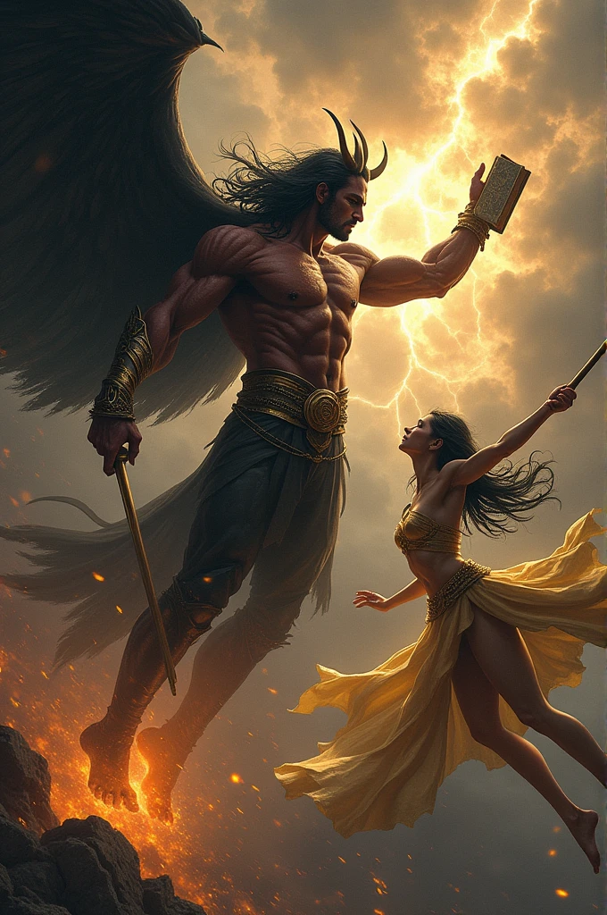 A devil with strong body black hair black aura surrounding him and with shine stick and book fighting with the golden shining flying warrior guy with black long hair