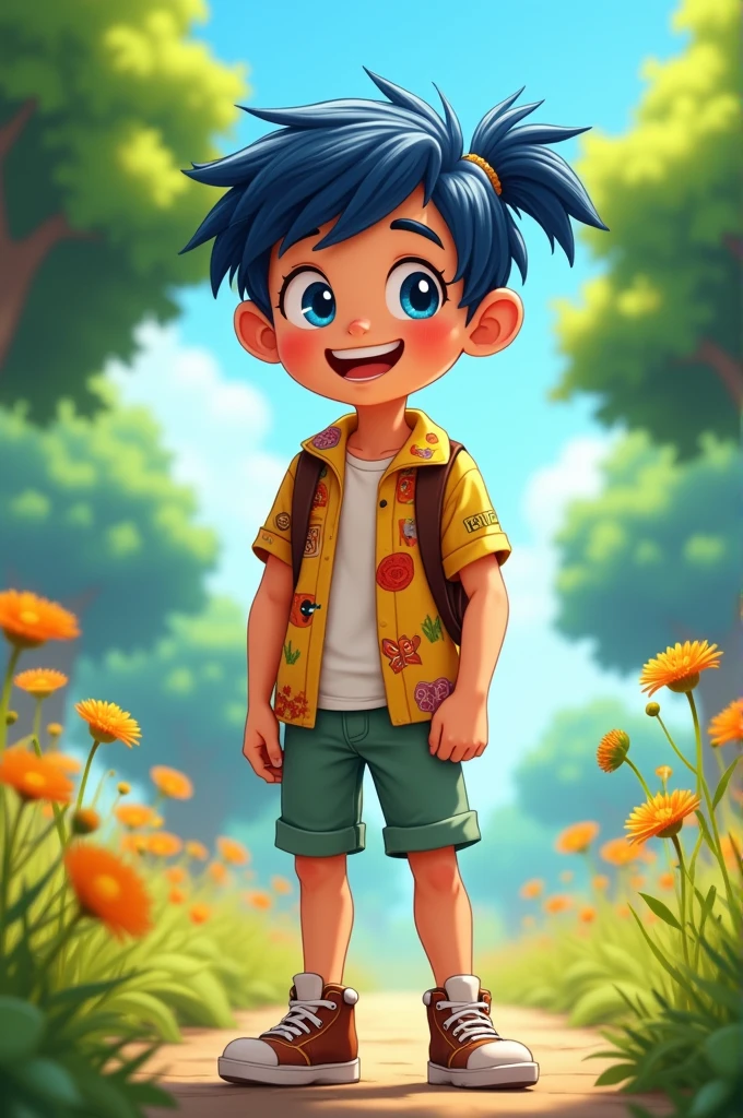 A cheerful boy, age about 24, with dark blue hair that is a bit long and tied in a ponytail, and blue eyes. He's wearing Jake from Camp Camp season 3 clothing. 