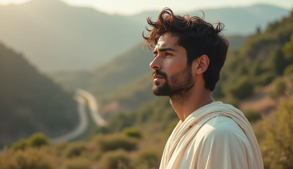 A male stoic philosopher with a well-proportioned and attractive physique, not excessively muscular. He is wearing classic tunics, slightly transparent, that gently drape over his body, subtly revealing parts of his shoulder, with a very short and well-groomed beard, and wavy, well-stylized hair. The philosopher stands in a pose of contemplation against a serene, timeless landscape with gentle lighting and harmonious colors. His expression is pensive and introspective. A subtle but deep crack runs through the background, symbolic of a hidden flaw. The lighting highlights the texture of the scene and the crack itself. The close-up shot features a strong vignette and a touch of grain, creating a dramatic, timeless effect.