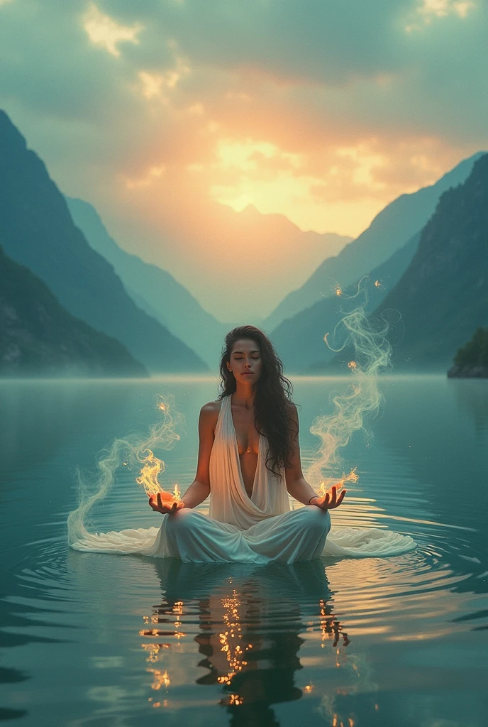 a woman sitting in the middle of a body of water with a fire in her hand, shiva, lord shiva, god shiva the destroyer, hinduism, hindu gods, devainart, by Max Dauthendey, shakti, beautiful depiction, goddess art, inspired by Kailash Chandra Meher, hindu art, hindu god, nirvana, vishnu



