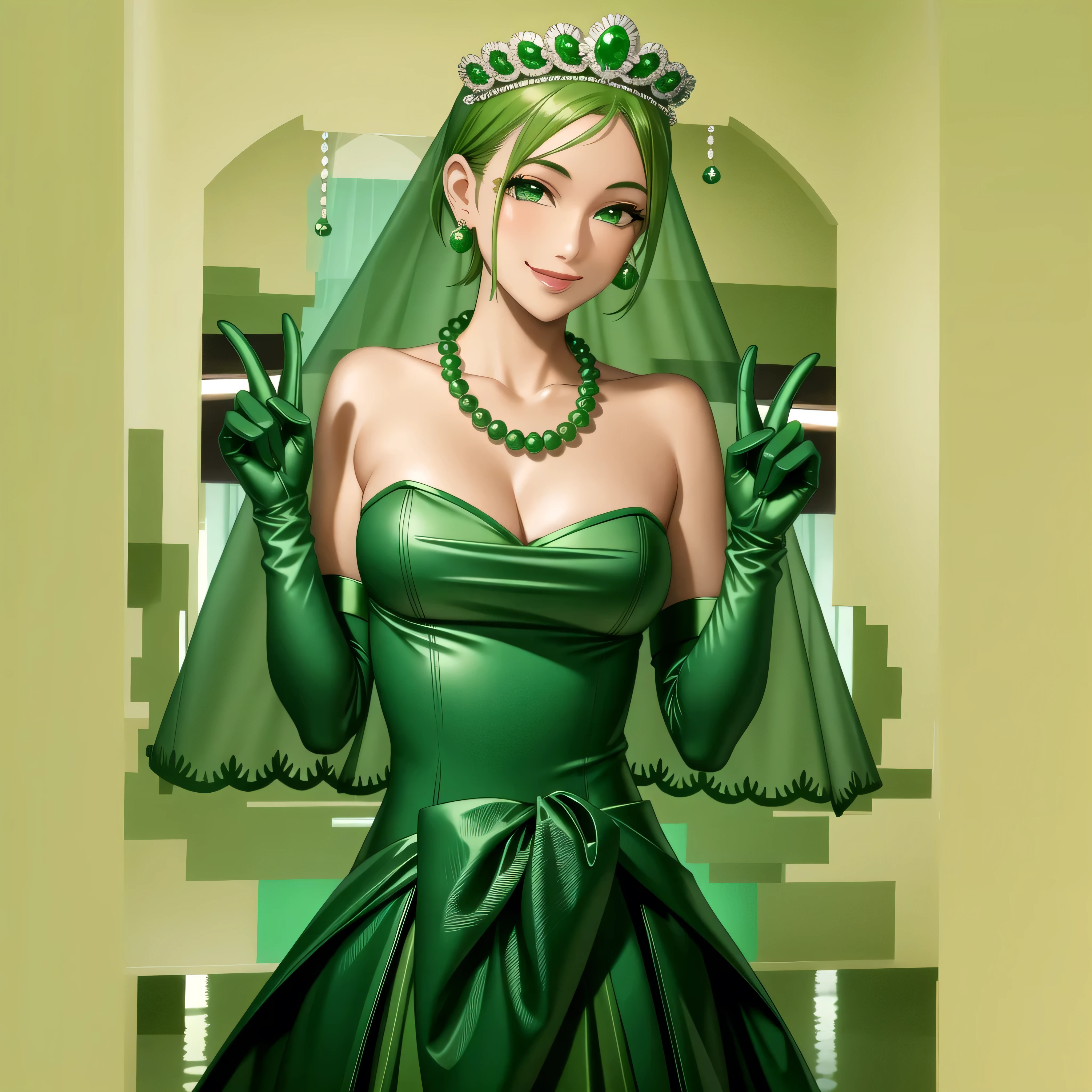 Emerald tiara, Green Pearl Necklace, Boyish very short green hair, Green Lips, Smiling Japanese woman, Very short hair, Busty beautiful lady, Green Eyes, Green satin long gloves, Green Eyes, Emerald Earrings, Green veil, all, Green Hair, Beautiful Japanese Woman, green lip gloss
