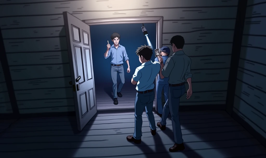 (3 Men:1, no light, no lamps, Moonlight from the window, Dark room:1), various positions in the room, one at the back by the door, in the middle a man with a walkie talkie, Flashlight in hand, Flashlight illuminates the room, Ghost Hunt, (evil spirit in the background:1.4, ghost to recognize in the photo:1.5), (design from the game Phasmophobia, items from the game Phasmophobia), old wooden house, Photo taken from a digital camera, amateur photo, blue filter due to poor camera quality. anime image