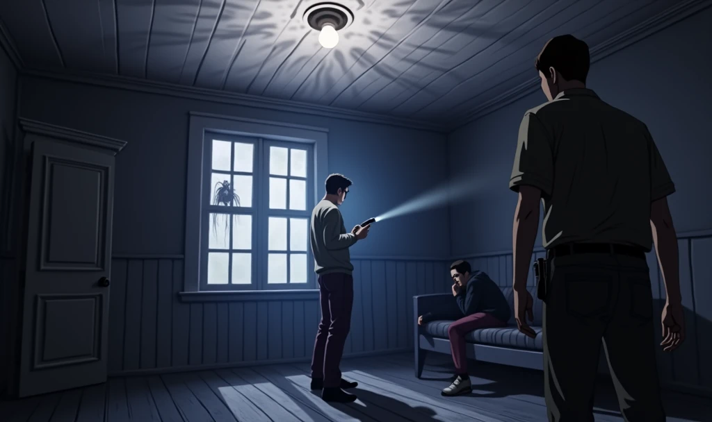 (3 Men:1, no light, no lamps, Moonlight from the window, Dark room:1), various positions in the room, one at the back by the door, in the middle a man with a walkie talkie, Flashlight in hand, Flashlight illuminates the room, Ghost Hunt, (evil spirit in the background:1.4, ghost to recognize in the photo:1.5), (design from the game Phasmophobia, items from the game Phasmophobia), old wooden house, Photo taken from a digital camera, amateur photo, blue filter due to poor camera quality. anime image