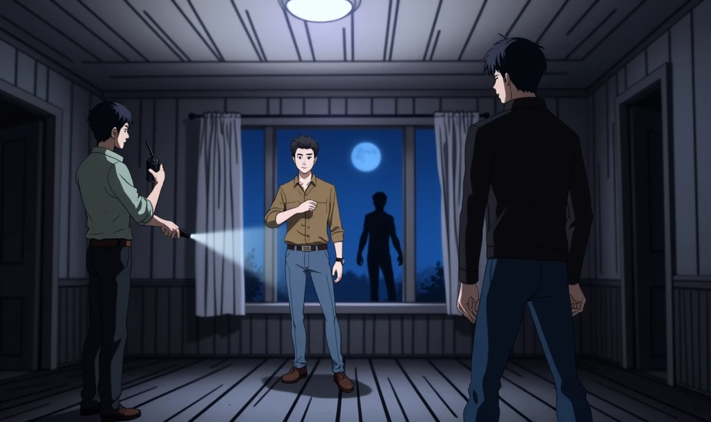 (3 Men:1, no light, no lamps, Moonlight from the window, Dark room:1), various positions in the room, one at the back by the door, in the middle a man with a walkie talkie, Flashlight in hand, Flashlight illuminates the room, Ghost Hunt, (evil spirit in the background:1.4, ghost to recognize in the photo:1.5), (design from the game Phasmophobia, items from the game Phasmophobia), old wooden house, Photo taken from a digital camera, amateur photo, blue filter due to poor camera quality. anime image