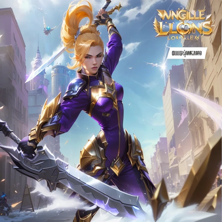 A man dressed in purple holding a sword in front of a city, mobile legends, lux from the league of legends, Orion, wild crack, extremely detailed artegerm, from the league of legends, official welcome art, ig model | artegerm, trending artegerm, league of legends character, kda, Brigitte, league of legends style, ash