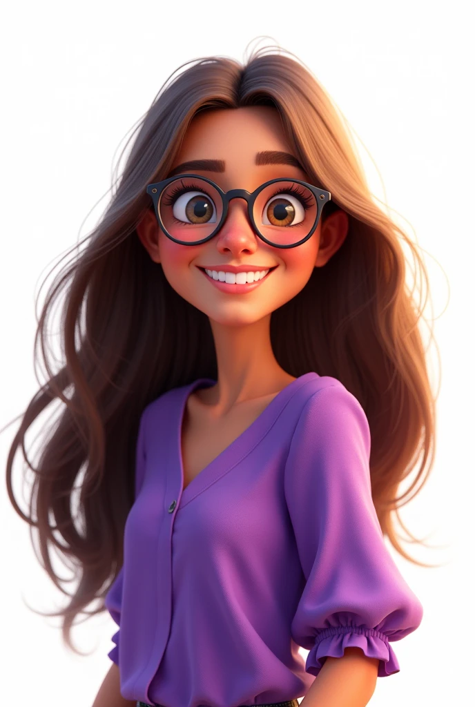 Create a 3D Movie Poster Inspired by Disney Pixar, The scene should be in Pixar's signature digital art style, with a caricature image representing a young woman, with long brown hair, wearing small glasses, with a purple blouse and white background.