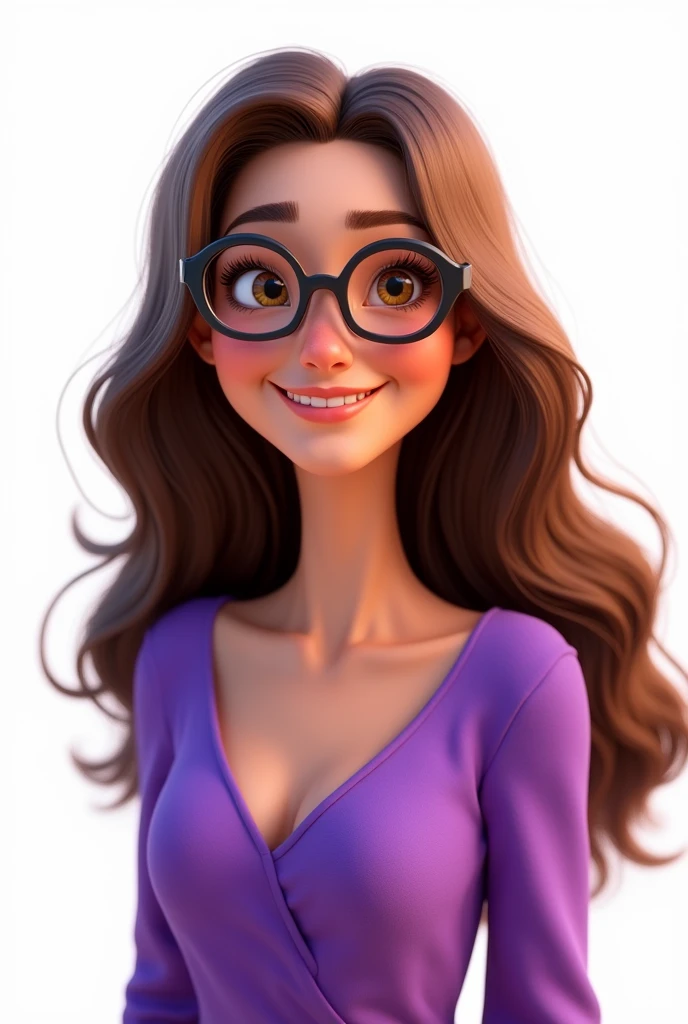 Create a 3D Movie Poster Inspired by Disney Pixar, The scene should be in Pixar's signature digital art style, with a caricature image representing a young woman, with long brown hair, wearing small glasses, with a purple blouse and white background.