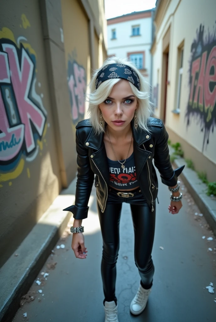 russian milf woman, platinum blonde hair with black parsley bandana headband, with very light blue eyes, extremely pale, heavy eye shadows. Sad face, smeared make up, runny mascara. Wearing black moto jacket, cropped metal band t-shirt, leather skinny jeans and wiite tennis sneakers . Lots of metallic braceles and collars. Tacky leather belt with oversized buckle. Wide loop earrings. Bow-legged, walks like a zombie