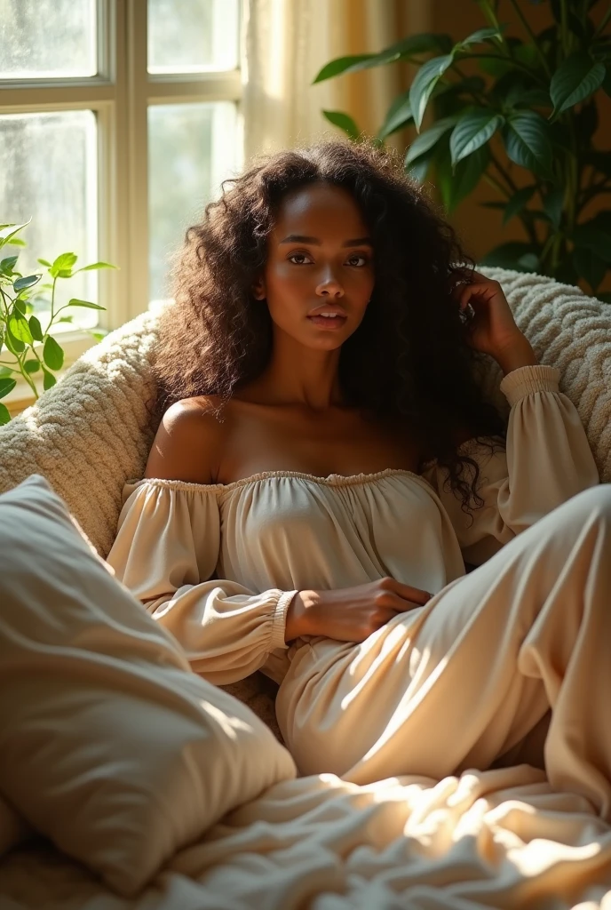 (photorealism:1.2), beautiful woman, sitting on bed, wearing loose off-shoulder top, pajama pants, long curly hair, indoors, soft lighting, plants in background, window with sunlight, cozy room, relaxed pose, realistic, intricate details, warm colors, by Greg Rutkowski, by Alphonse Mucha