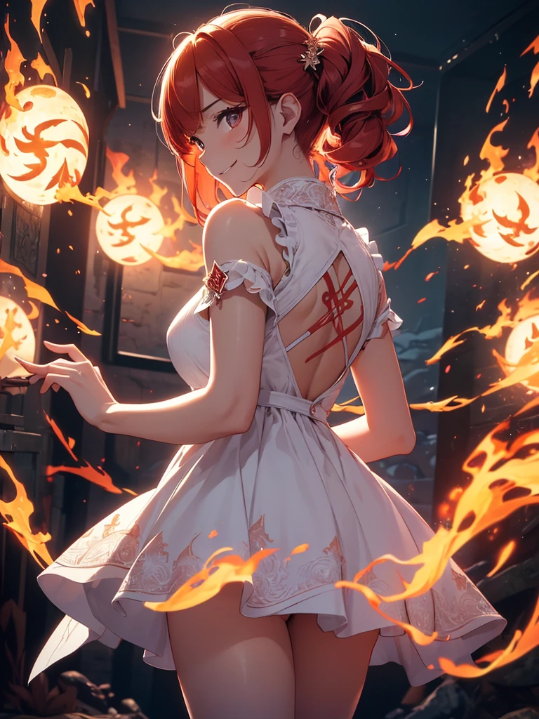 (((best quality, sharp image, clear image, cinematic lighting, 8k resolution, masterpiece, ultra detailed, intricate))) Girl, (((looking over left shoulder))), (shot from behind), ((shot from hip up)), fiery red hair, pigtails, ((white dress)), ((flaming sigils, flaming runes)), spiky rock formations, (flaming lotus flowers frame), (intricate background), ((Phoenix)), (swirling flames), smiling
