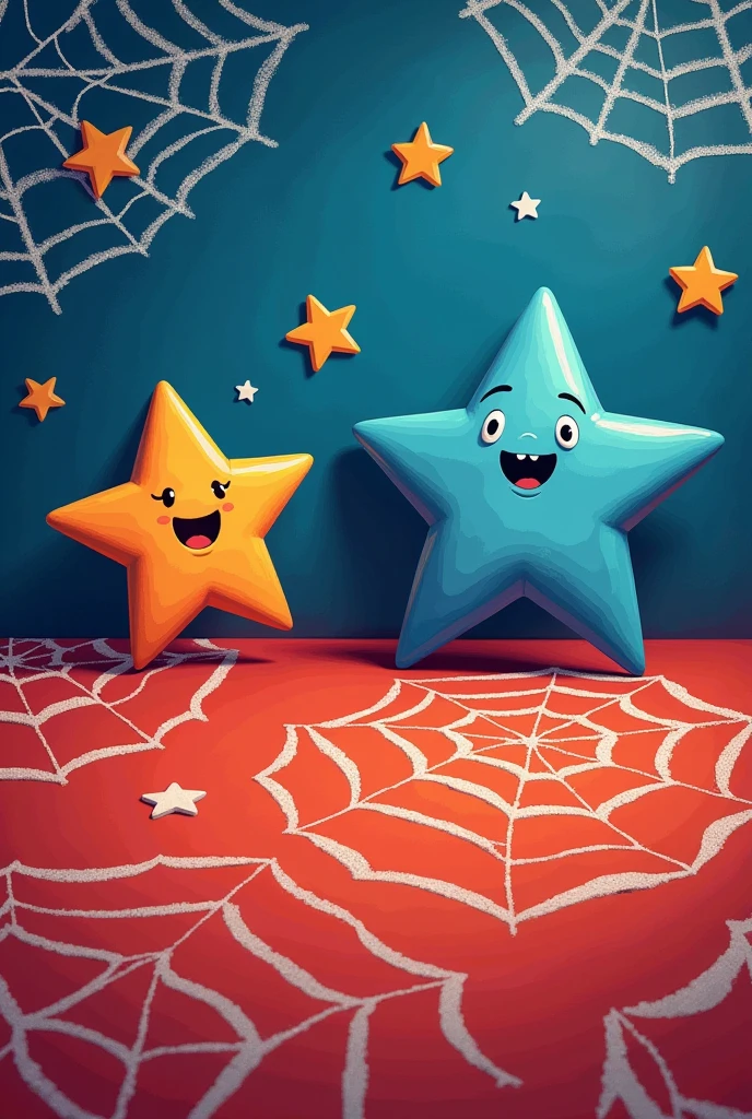 Make a wallpaper that has a blue background with white five-pointed stars and a red background with cobwebs, I want it in cartoon style