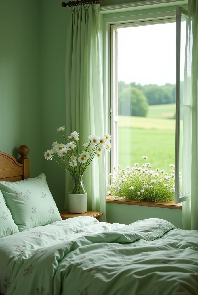 The bedroom, painted in soothing light green, features a bed dressed in a light green bedsheet adorned with tiny daisy prints. A dressing room is conveniently located near the bed. An open window with sheer green curtains frames a picturesque view of a vast green field dotted with wild white flowers, bringing a serene, natural charm into the room.