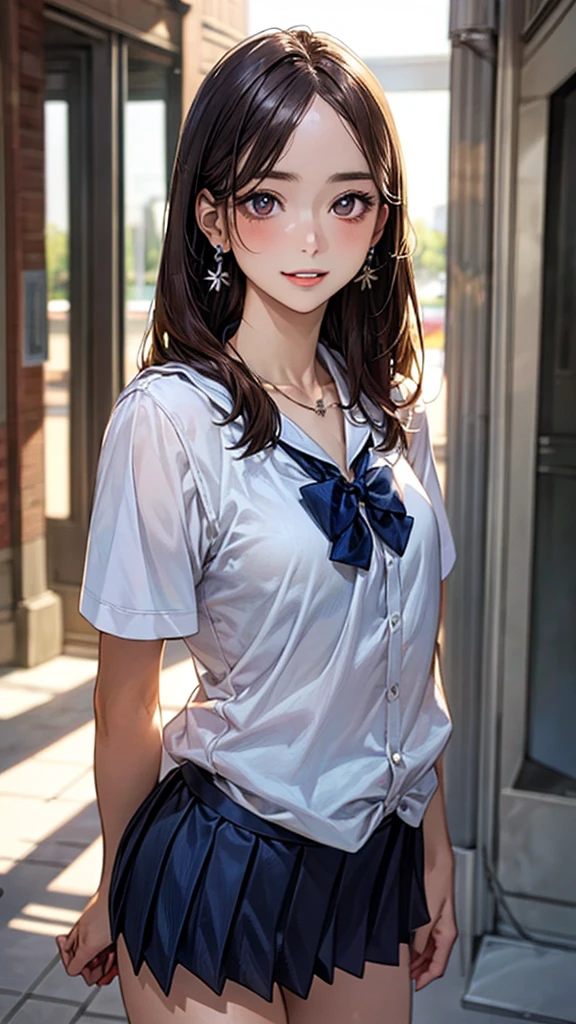 (masterpiece:1.2, top-quality), (realistic, photorealistic:1.4), beautiful illustration, (natural side lighting, movie lighting), nsfw,
beautiful detailed hair, beautiful detailed face, beautiful detailed eyes, beautiful clavicle, beautiful body, beautiful chest, beautiful thigh, beautiful legs, beautiful hands,
looking at viewer, 1 girl, japanese, high school girl, perfect face, cute and symmetrical face, shiny skin,
(long hair, straight hair, brown hair), forehead, gray eyes, slant eyes, big eyes, long eye lasher, (medium breasts), (small ass, thin thighs), slender, outstanding style,
(detailed cloth texture, short sleeve white collared shirt, navy school vest, navy pleated skirt, navy bow tie), earrings, necklace,
(beautiful scenery), summer, evening, (school), walking, (lovely smile, upper eyes, parted lips),