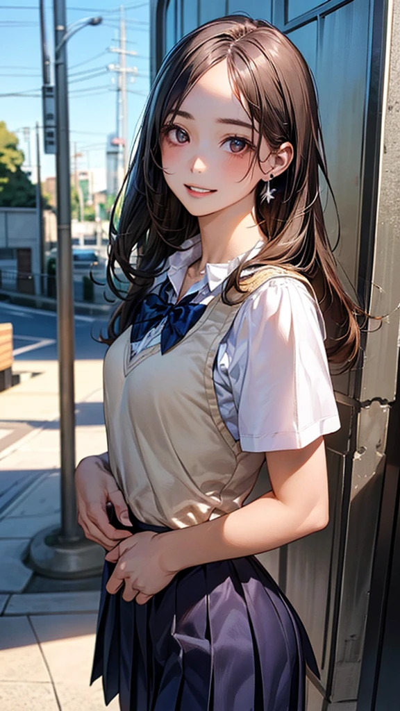 (masterpiece:1.2, top-quality), (realistic, photorealistic:1.4), beautiful illustration, (natural side lighting, movie lighting), nsfw,
beautiful detailed hair, beautiful detailed face, beautiful detailed eyes, beautiful clavicle, beautiful body, beautiful chest, beautiful thigh, beautiful legs, beautiful hands,
looking at viewer, 1 girl, japanese, high school girl, perfect face, cute and symmetrical face, shiny skin,
(long hair, straight hair, brown hair), forehead, gray eyes, slant eyes, big eyes, long eye lasher, (medium breasts), (small ass, thin thighs), slender, outstanding style,
(detailed cloth texture, short sleeve white collared shirt, navy school vest, navy pleated skirt, navy bow tie), earrings, necklace,
(beautiful scenery), summer, evening, (school), walking, (lovely smile, upper eyes, parted lips),