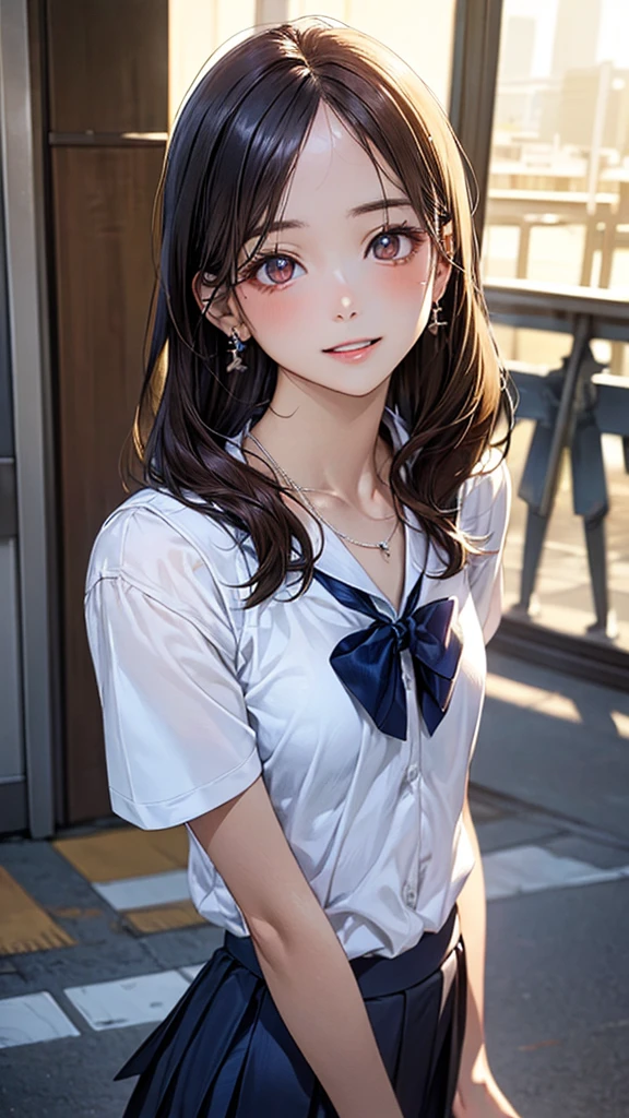(masterpiece:1.2, top-quality), (realistic, photorealistic:1.4), beautiful illustration, (natural side lighting, movie lighting), nsfw,
beautiful detailed hair, beautiful detailed face, beautiful detailed eyes, beautiful clavicle, beautiful body, beautiful chest, beautiful thigh, beautiful legs, beautiful hands,
looking at viewer, 1 girl, japanese, high school girl, perfect face, cute and symmetrical face, shiny skin,
(long hair, straight hair, brown hair), forehead, gray eyes, slant eyes, big eyes, long eye lasher, (medium breasts), (small ass, thin thighs), slender, outstanding style,
(detailed cloth texture, short sleeve white collared shirt, navy school vest, navy pleated skirt, navy bow tie), earrings, necklace,
(beautiful scenery), summer, evening, (school), walking, (lovely smile, upper eyes, parted lips),