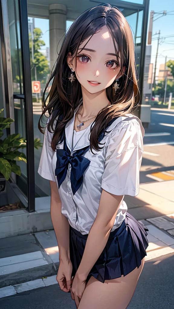 (masterpiece:1.2, top-quality), (realistic, photorealistic:1.4), beautiful illustration, (natural side lighting, movie lighting), nsfw,
beautiful detailed hair, beautiful detailed face, beautiful detailed eyes, beautiful clavicle, beautiful body, beautiful chest, beautiful thigh, beautiful legs, beautiful hands,
looking at viewer, 1 girl, japanese, high school girl, perfect face, cute and symmetrical face, shiny skin,
(long hair, straight hair, brown hair), forehead, gray eyes, slant eyes, big eyes, long eye lasher, (medium breasts), (small ass, thin thighs), slender, outstanding style,
(detailed cloth texture, short sleeve white collared shirt, navy school vest, navy pleated skirt, navy bow tie), earrings, necklace,
(beautiful scenery), summer, evening, (school), walking, (lovely smile, upper eyes, parted lips),
