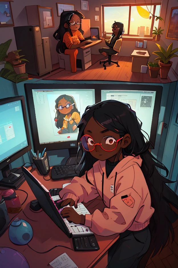 black female character, dark skinned, black girl, 30, long hair, brown eyes, blue light, wearing acne studio, typing at a computer red glasses, programmer, gamer, panoramic window view of neighborhood, sunset, luxury decor, create a comic strip