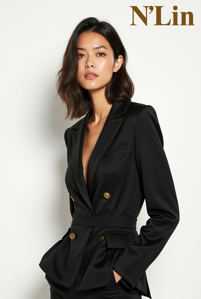 Create a fashion poster featuring a women's blazer as the main product, with the brand name 'N'Lin' prominently displayed in the image. The poster should exude elegance and sophistication, appealing to young women with a refined and trendy sense of style. Use a minimalist design with a clean background, focusing on the blazer's details and quality. The typography should be sleek and modern, and the placement of 'N'Lin' should be tasteful yet noticeable, reinforcing the brand's identity within the high-fashion market.
