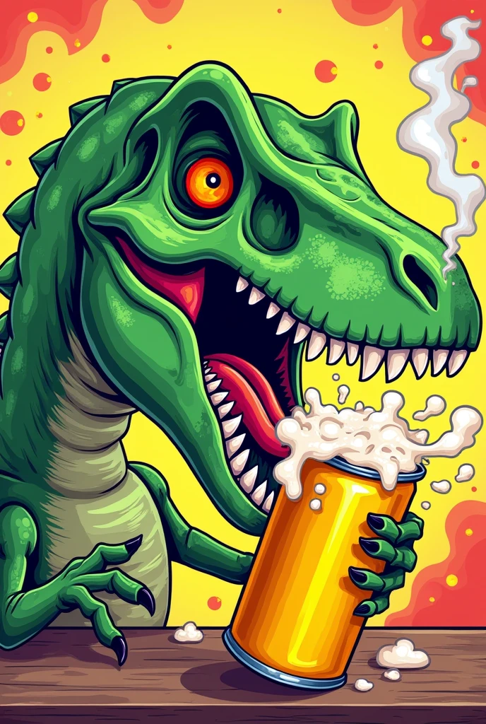 green t-rex skull, crunching a can of yellow beer, foam and splashes of beer flowing from the can, small sign of smoke coming out of the nostrils, angry eyes and frowning eyebrows
apparence cartoon, avec des eux de couleur rouge orange