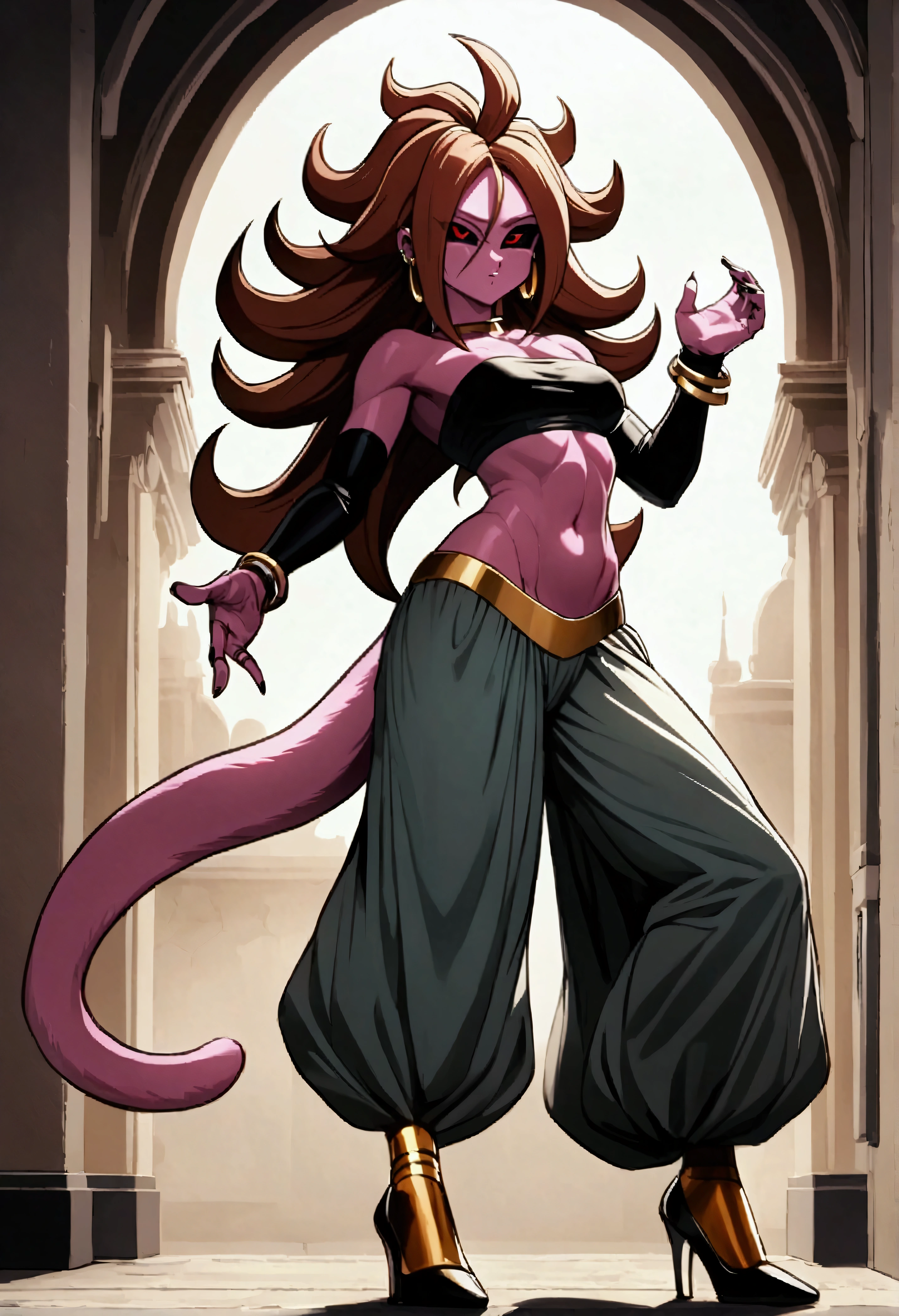 Android 21 from dragonball, black sclera, pink skin, tube top, bracelet, harem pants, high heels, tail