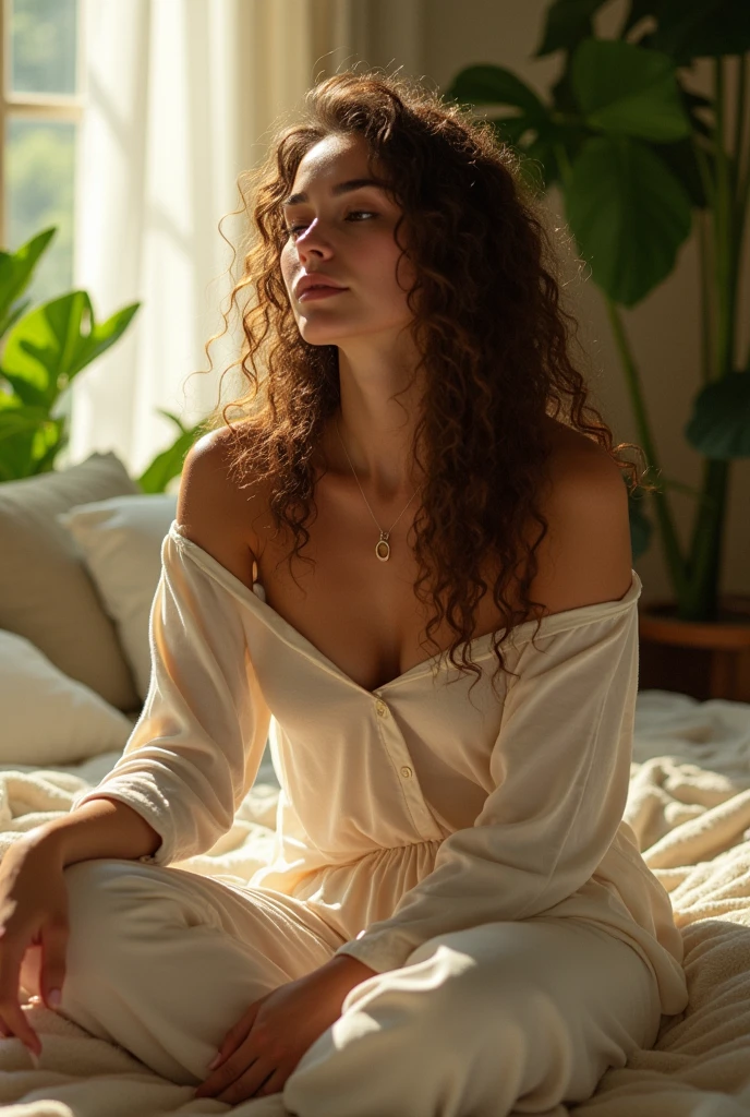 (photorealism:1.2), beautiful woman, sitting on bed, wearing loose off-shoulder top, pajama pants, long curly hair, indoors, soft lighting, plants in background, window with sunlight, cozy room, relaxed pose, realistic, intricate details, warm colors, by Greg Rutkowski, by Alphonse Mucha