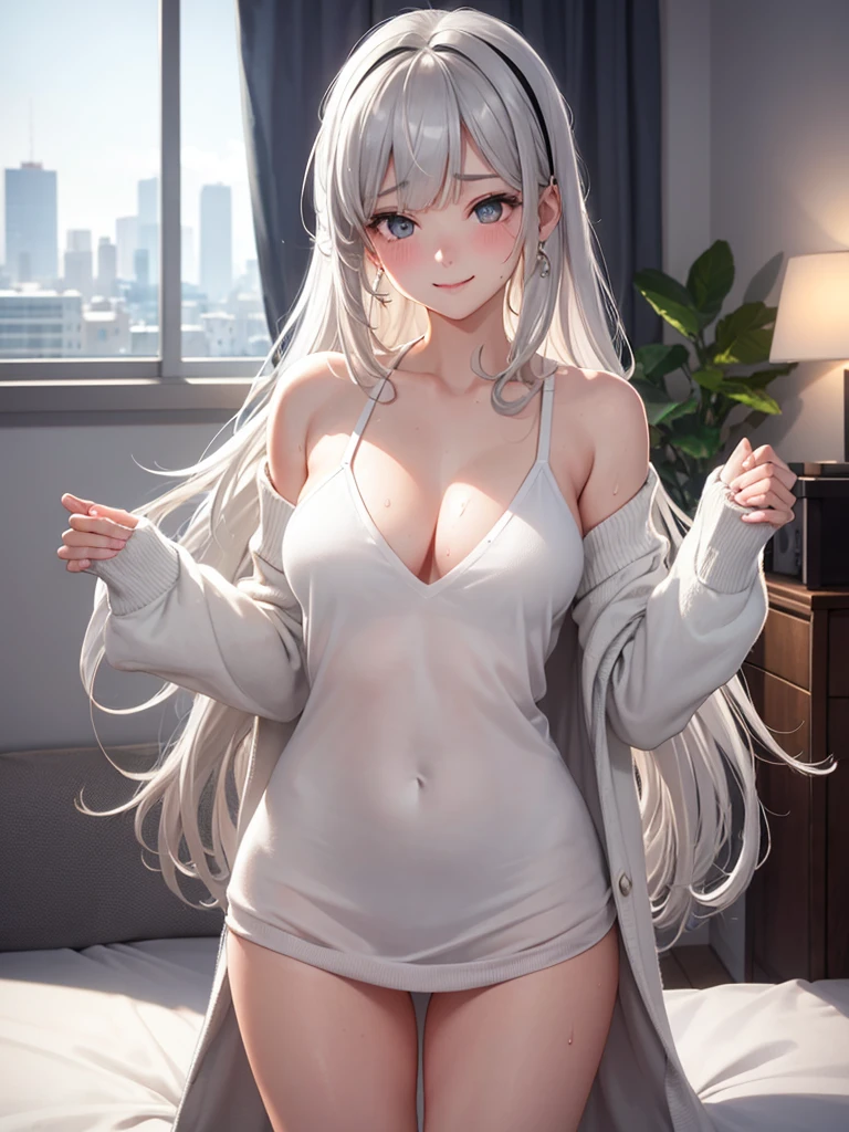 1Girl, Solo, Anime, Proportional body, (Cleavage, Small Breast). Beautiful, Gorgeous, Fresh, Blunt Bangs, (White Grey Hair:1.5),(Straight and Wavy Long Hair:1.3), Virgin Sweater, Off-Shoulder, Oversize Sweater, Cotton Sweater, No BRA, Loose Cloth, Cotton, Texture Wool. (Sexy pose on bed:1.3), Earrings, Thin Black Headband, Green Accessories, Environmental Details, Bed Room, Natural Light, Modern Bed, Chair, Window, White Curtain, City View. pov, anime style, UHD, retina, masterpiece, accurate, anatomically correct, textured skin. High Resolution, Looking at viewer, Blush, Best Quality, Award Winning, Accurate, Embarrassed, seductive smile, Body sweating, Naughty Face, Naughty smile, Gradient Eye Color, Sexy pose, Cowboy Shot, Perfect Pupil, Perfect Detail, perfect background, morning view, Sweating, Sweat on Body, sweat on breast.